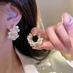 Kiss Jewelry Cute Sweet Flower Round Shape Pearl Rhinestone Stud Earrings for Women Tulip Floral Korean Fashion Earring Gift Lootquake LLC