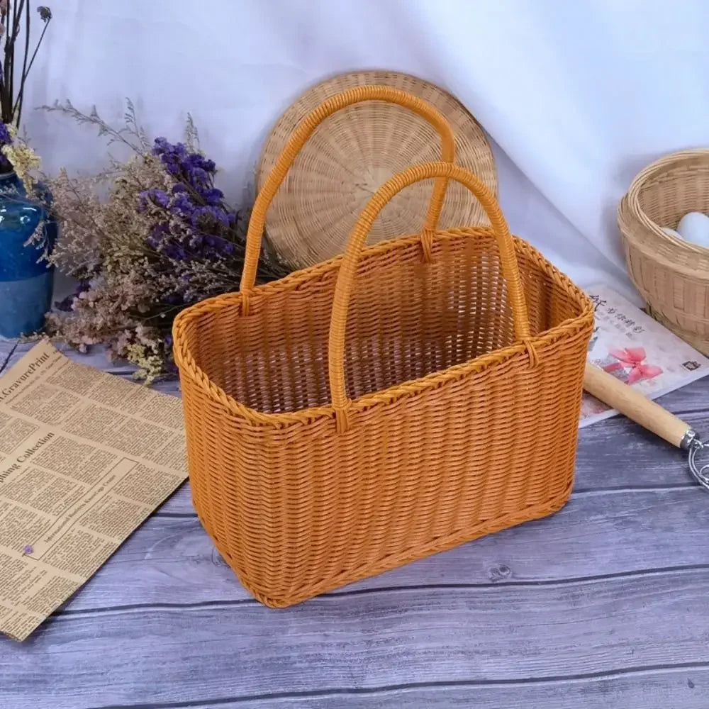 Home Storage Organizer Rattan Woven Basket With Handle Portable Picnic Basket Handwoven Rectangular Flower Basket Fruit Lootquake LLC
