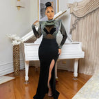 CM.YAYA Women Mesh See Through Long Sleeve Diamonds Hot Rhinestones Mermaid Long Dress Fall Evening Sexy Party Dresses Vestidos
