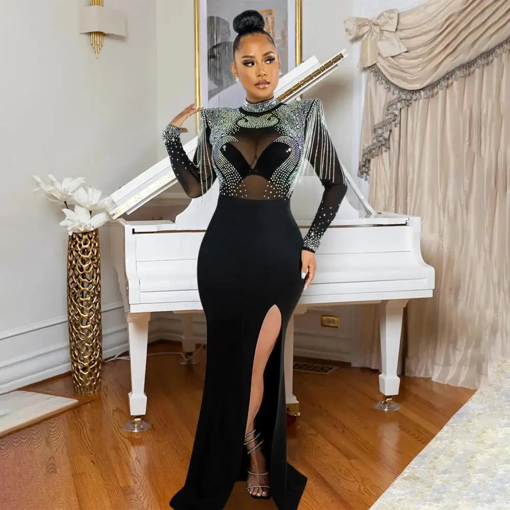 CM.YAYA Women Mesh See Through Long Sleeve Diamonds Hot Rhinestones Mermaid Long Dress Fall Evening Sexy Party Dresses Vestidos