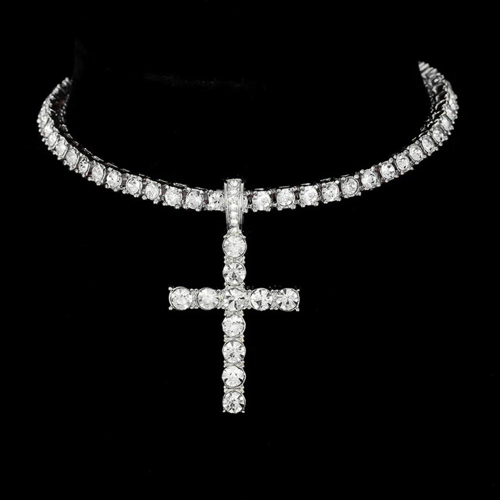 Hip Hop Cross Pendant Necklace Strap 4mm Zircon Tennis Chain Iced Out Sparkling Necklace Men Women Punk Jewelry Fashion Gift Lootquake LLC