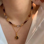 Autumn and Winter New Natural Stone Metal Splicing Bead Necklace for Women Double-layer Layered Collarbone Chain
