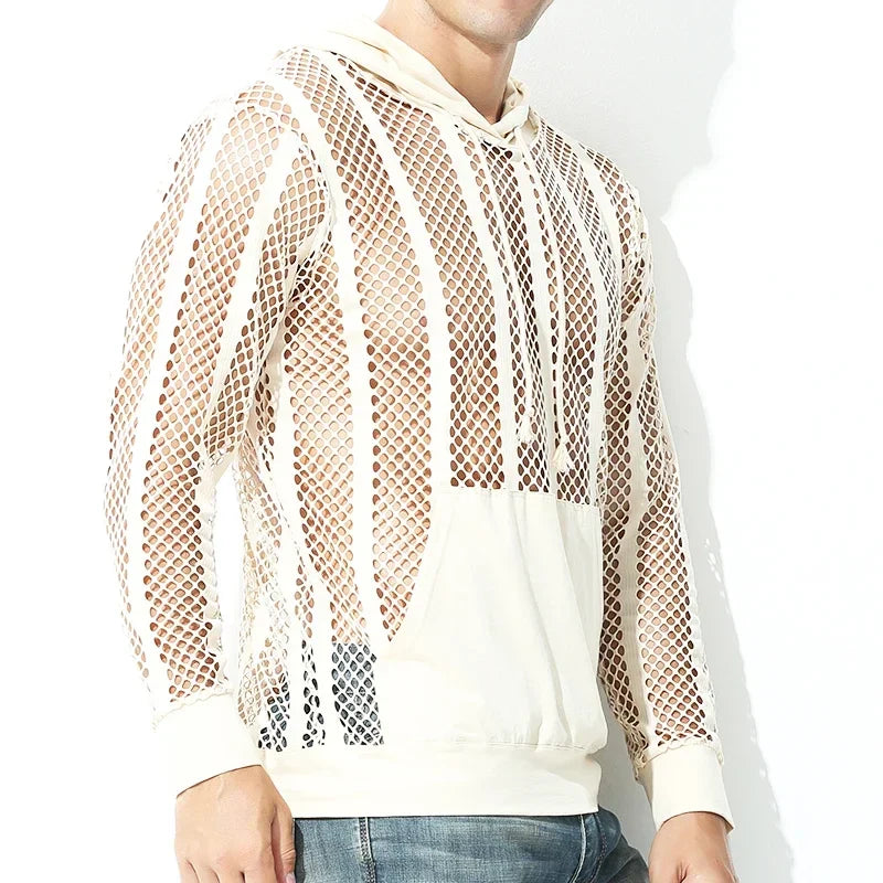 Men Mesh Shirt Transparent Long Sleeve Men Clothing Sexy Solid Party Nightclub Hooded Tops Lootquake LLC