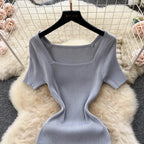 Green 2024 Sexy Summer Knit Short Sleeve Dress Women Squar Collar Waist Bodycon Sundress Female Beach  Backless Long Dress