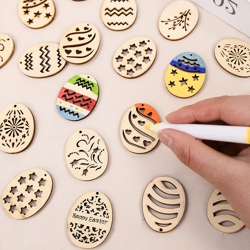 25/50Pcs Easter Eggs Wooden DIY Craft Hanging Ornaments Hollowed Wood Chips Happy Easter Party Decorations For Home Kids Gift Lootquake LLC