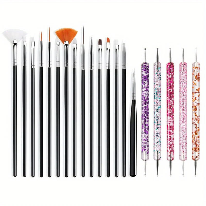 20PCS Nail Art Brush Set for Design, Painting, Drawing, Carving, Dotting, and Manicure Tools - Unscented Acrylic Gel UV Polish
