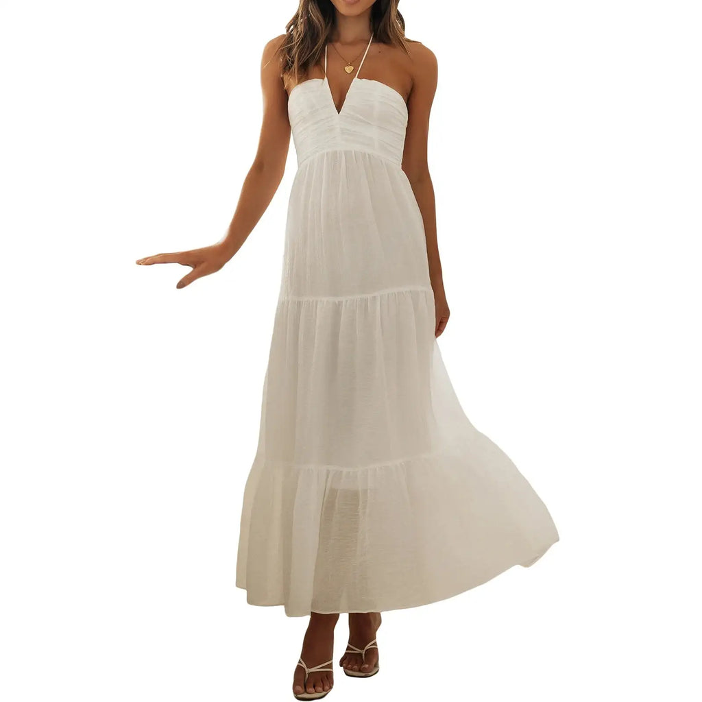 Women Low Cut Backless Maxi Dresses Elegant Spaghetti Strap Tiered Long Dress Relax Fit Open Back Cutout Flowy Sundress