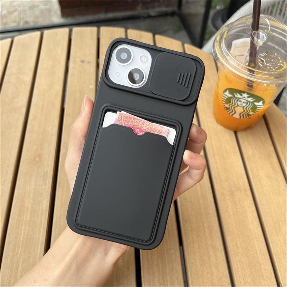 Lightweight Slide Camera Protection Card Holder Wallet Phone Case For iPhone 13 14 Pro Max 12 11 Soft Silicone Cover Soft Skin Silicone Cover Yellow Card Holder Sliding Camera Protection Cover For iPhone Stevvex