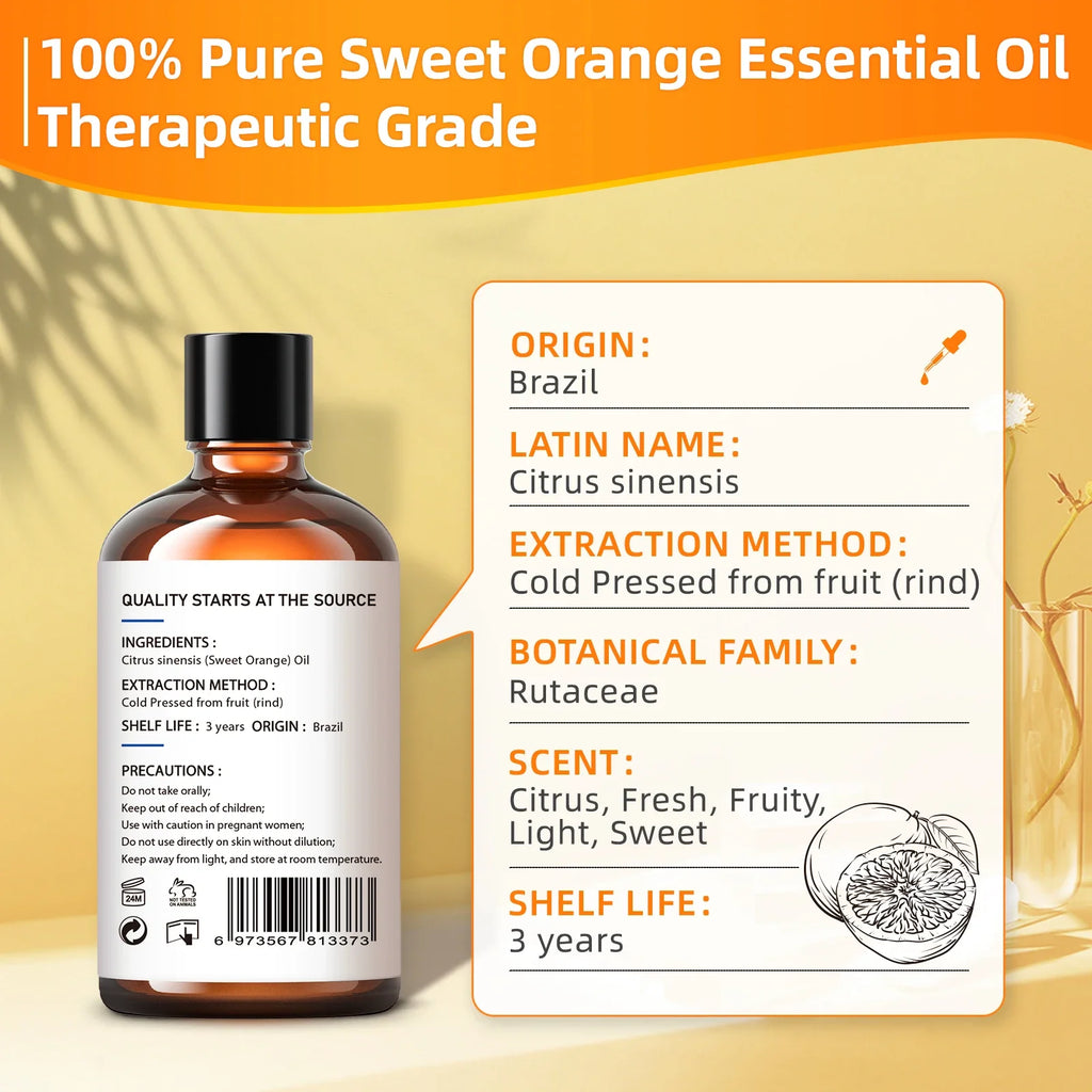 HIQILI 100ML Sweet Orange Essential Oils,100% Pure Nature for Aromatherapy, Diffuser, Humidifier, Massage, Fresh air, Candle Lootquake LLC