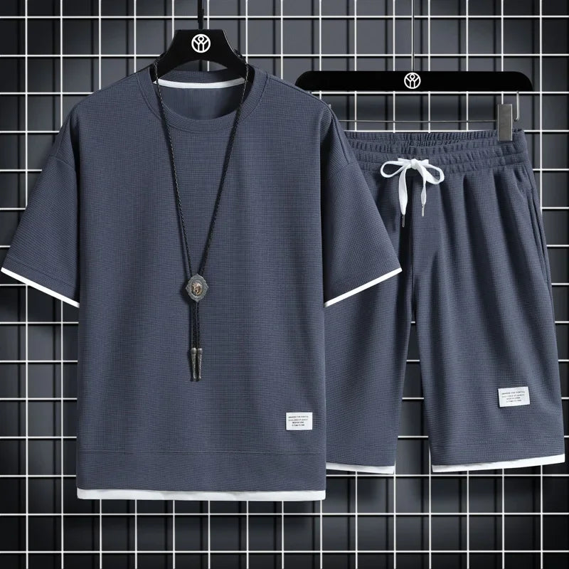 Summer Active Men's Waffle T-Shirt & Shorts Set THRIXINE