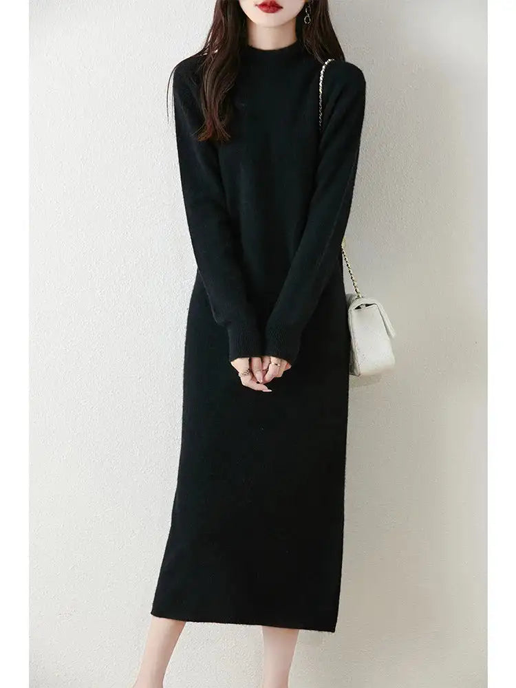Autumn Winter Women's Wool Long Dress Cashmere Mock Neck Pullover Sweater 100% Merino Wool Soft Knitwear OL Simple Basic Dress Lootquake LLC