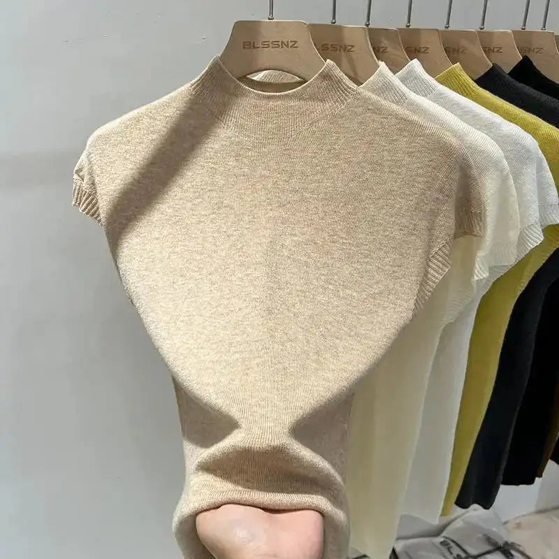 Half High Collar T-shirts Flying Sleeve Design Slim Knitted Sleeveless Top Women Simple Comfortable White T-shirts Summer 2025