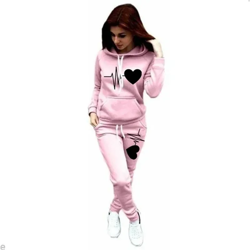 Heart Print Plus Size Hoodie & Sweatpants Set THRIXINE