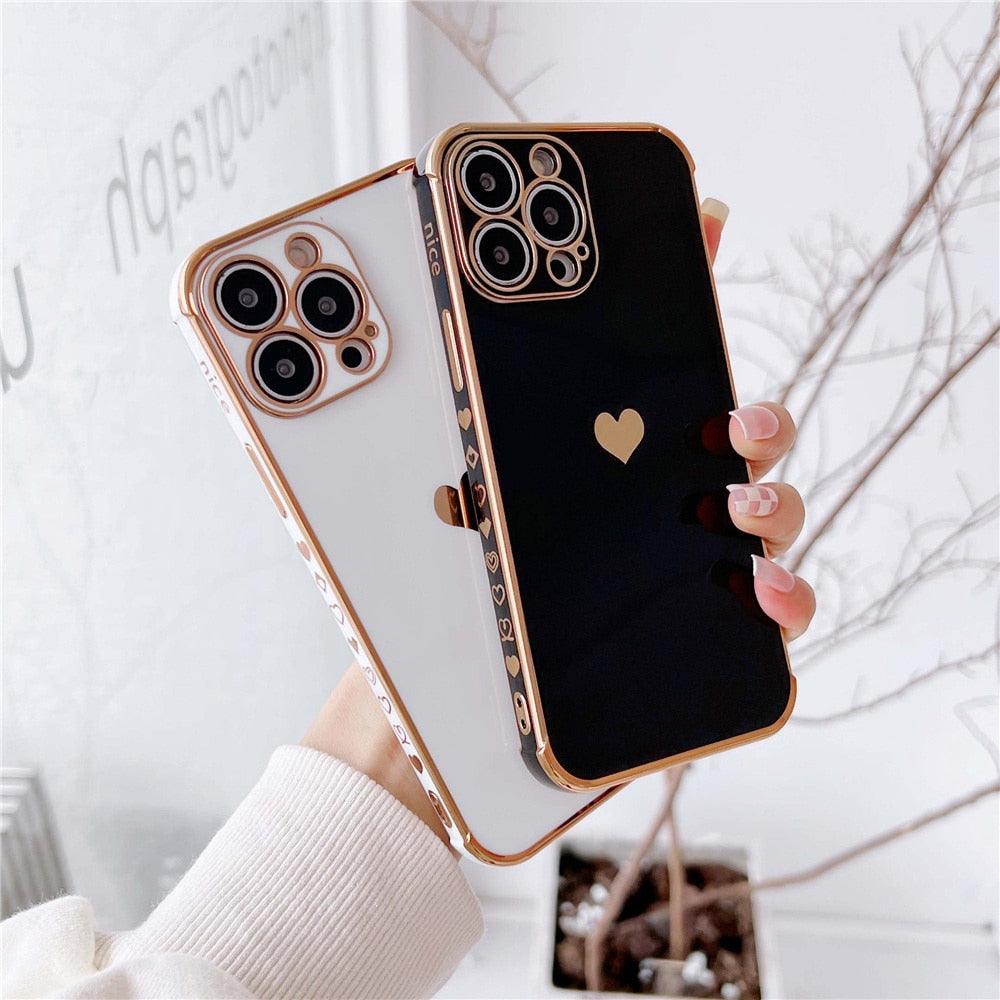 Luxurious Heart Soft Anti-Scratch Full Lens Protection Silicone Girls Shockproof Phone Case for iPhone Phone Case For iPhone 14 13 12 Pro 12Mini Soft Women Elegant Love Heart Shockproof Bumper Phone Case Stevvex