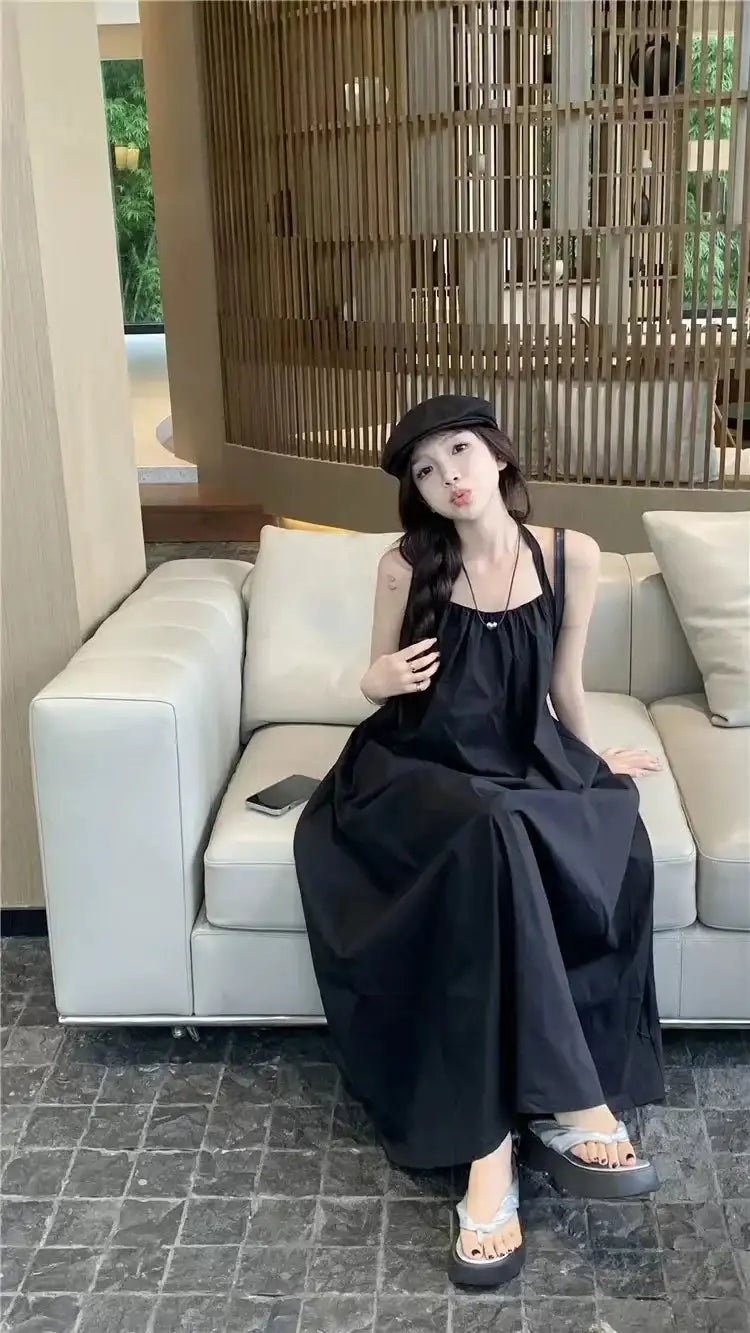 Summer Vacation Dress Thailand Style Open-back Halter Neck Age-reducing Photography Beach Long Dress Belted