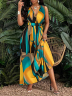 Women's sleeveless V-neck floor-length dress with abstract prints - fashionable for beach and casual occasions