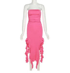 Cryptographic Irregular Ruffle Off Shoulder Sexy Backless Midi Dress for Women Elegant Birthday Vestido Summer Sundresses Ruched