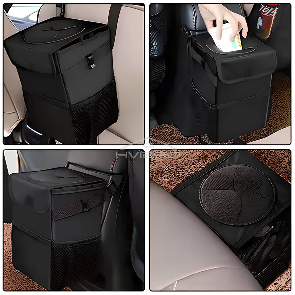 Trash Can with Lid and Storage Pockets 100% Leak Proof Organizer Waterproof Garbage Multipurpose Bin Black Load Dustbin for Car Lootquake LLC