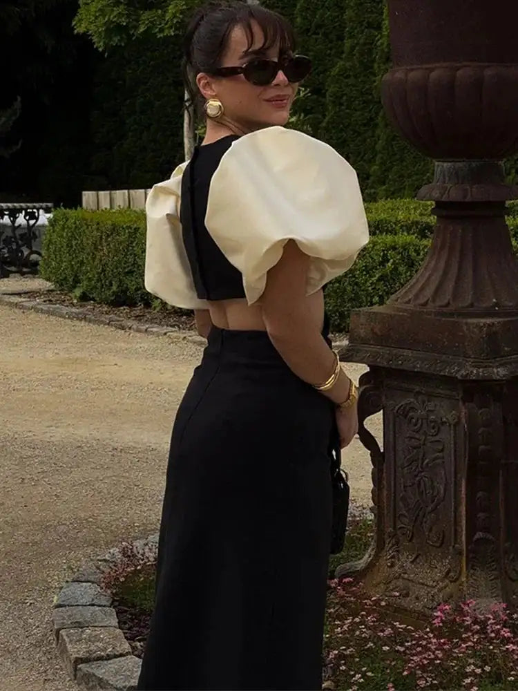 Elegant Puff Sleeve Long Dress For Women 2025 Sexy Hollow Out Waist Evening Party Dresses Female Vacation Lady Chic Beach Robe