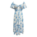 Summer V Neck Cutout Floral Print Dresses Elegant Women Puff Short Sleeve Casual Dress Pleated Waisted Swing Beach Long Dress