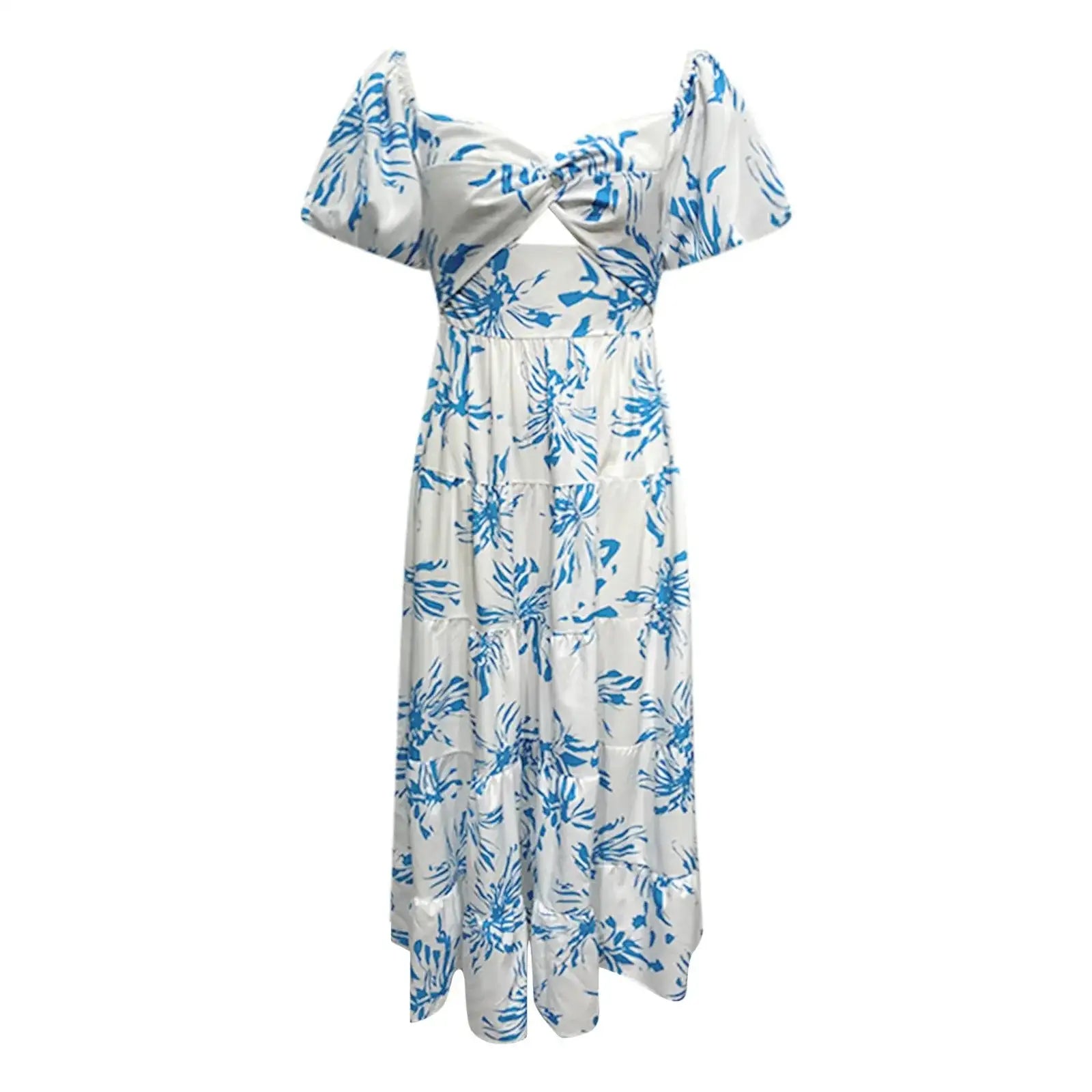 Summer V Neck Cutout Floral Print Dresses Elegant Women Puff Short Sleeve Casual Dress Pleated Waisted Swing Beach Long Dress