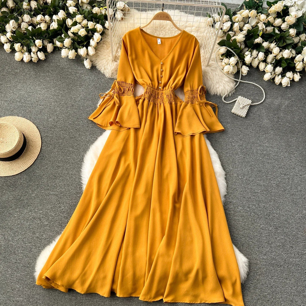 Purple/Green/Red Pleated Maxi Long Dress Women Vintage V-Neck Flare Sleeve Draped Ruffle Vestido Female Maxi Robe Summer Lootquake LLC