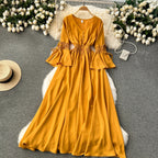 Purple/Green/Red Pleated Maxi Long Dress Women Vintage V-Neck Flare Sleeve Draped Ruffle Vestido Female Maxi Robe Summer Lootquake LLC
