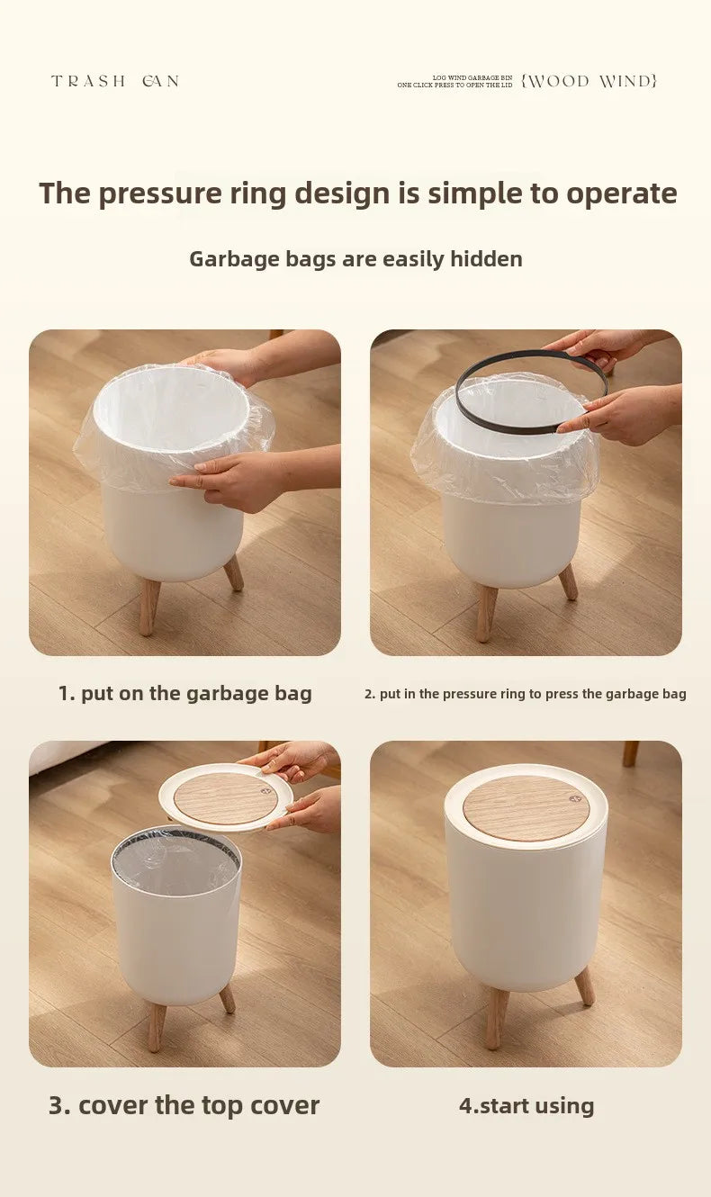 Imitation wood grain high foot garbage bin, press type with lid, household high-end feeling, light luxury garbage bin Lootquake LLC