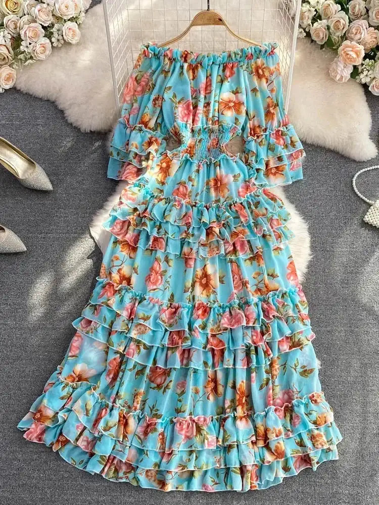 Summer New Off Shoulder  Wrap Waist to Show Thin A-line Fragmented Cake Dress Women's Beach Vacation Chiffon Long Dress GD820