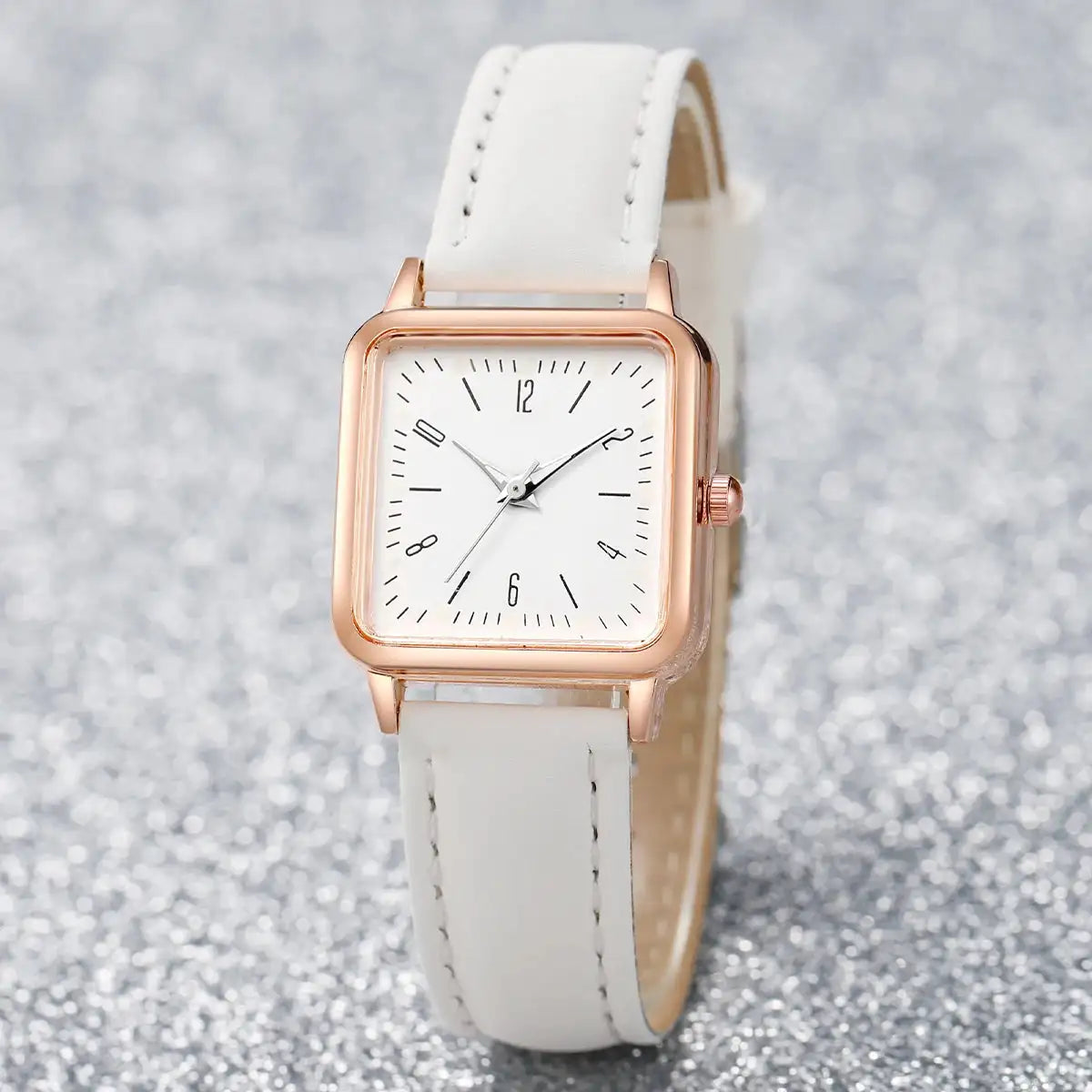 3PCs/Set Women's Fashion Watch Square Simple Dial Leather Quartz Watch Set