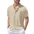New Mens Henley Short Sleeve Casual Shirt Summer Cotton Shirts Beach Shirts Banded Collar Tshirts lightweight Shirts with Pocket Lootquake LLC