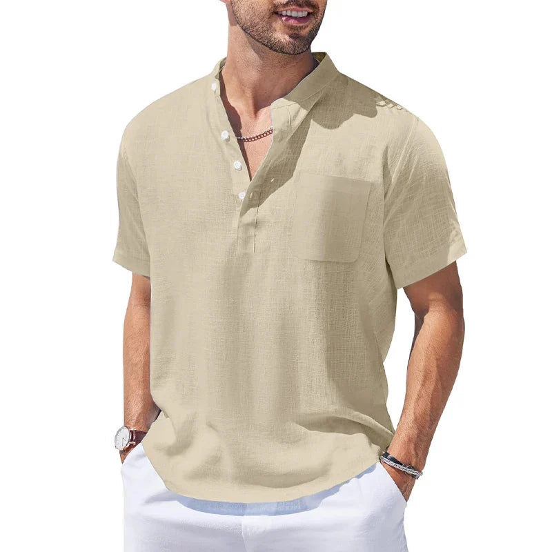 New Mens Henley Short Sleeve Casual Shirt Summer Cotton Shirts Beach Shirts Banded Collar Tshirts lightweight Shirts with Pocket Lootquake LLC