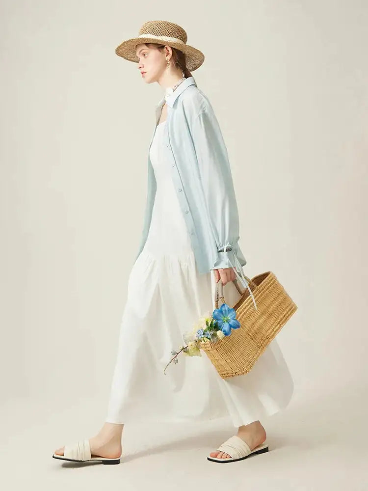 FSLE French White Suspender Long Dress 100% Cotton 2024 Summer New Loose Temperament Ankle-Length Female Dresses 24FS12048