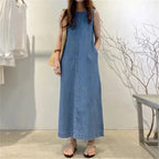 Women's Sleeveless Denim Long Dress Fashionable Round Neck Sleeveless Pocket Denim Skirt Loose Vest Denim Long Dress