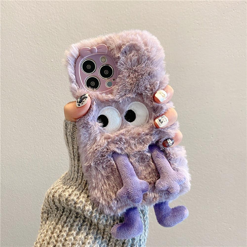 3D Cute Hairy Fluffy Fur Plush Winter Warm Phone Case For iPhone 14 13 12 11 Pro Max Plus Soft Cartoon Back Cover  Cute Fuzzy Furry Case Fashion Luxury Case Stevvex