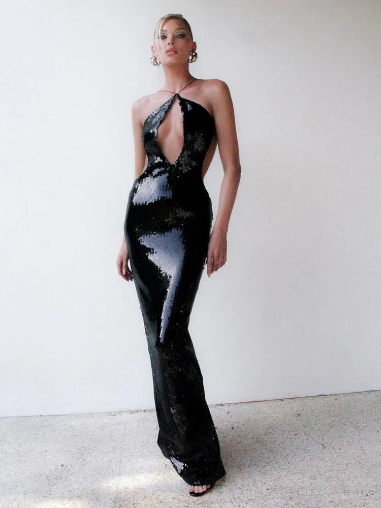 VC Women'S Luxury Party Dress Sexy Backless Black Sequins Long Dress For Special Events Female Clothing
