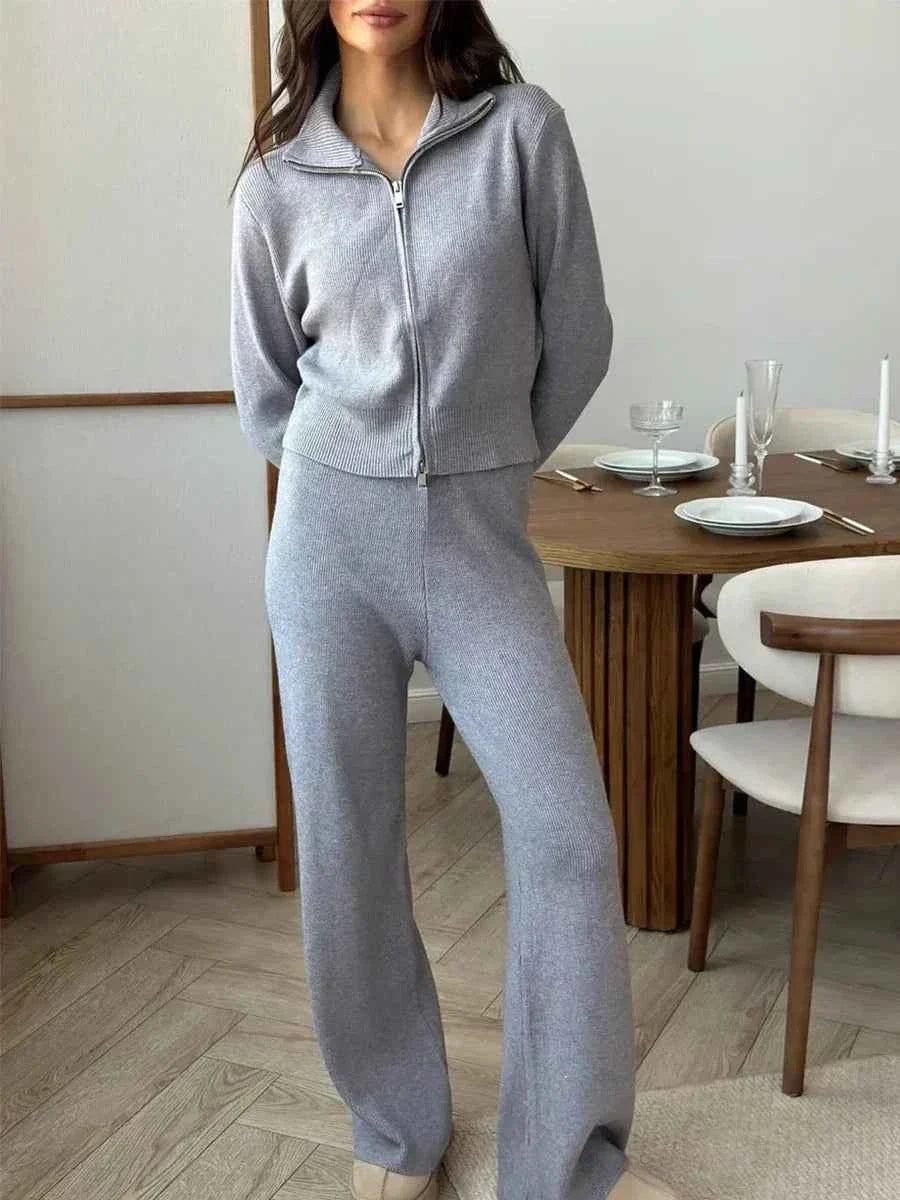 Knit Zip Cardigan & Wide Leg Pants Set THRIXINE
