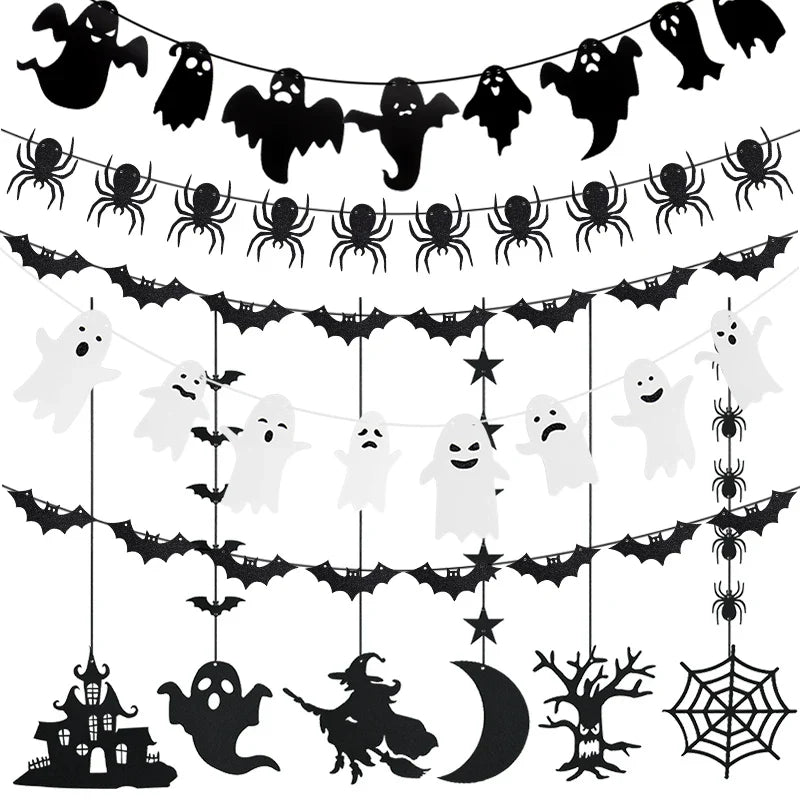 1set Halloween Decoration Banner Bunting Scary Spider Ghost Bat Hanging Garland Pull Flag Pendant For Halloween Party Home Decor Lootquake LLC