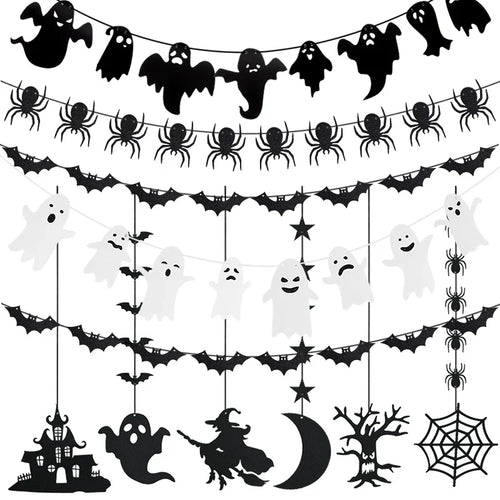 1set Halloween Decoration Banner Bunting Scary Spider Ghost Bat Hanging Garland Pull Flag Pendant For Halloween Party Home Decor Lootquake LLC