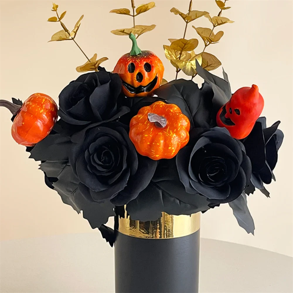 Halloween Decoration Artificial Flowers Bouquet With Pumpkins & Black Roses, Halloween Table Centerpiece For Dining Living Room Lootquake LLC