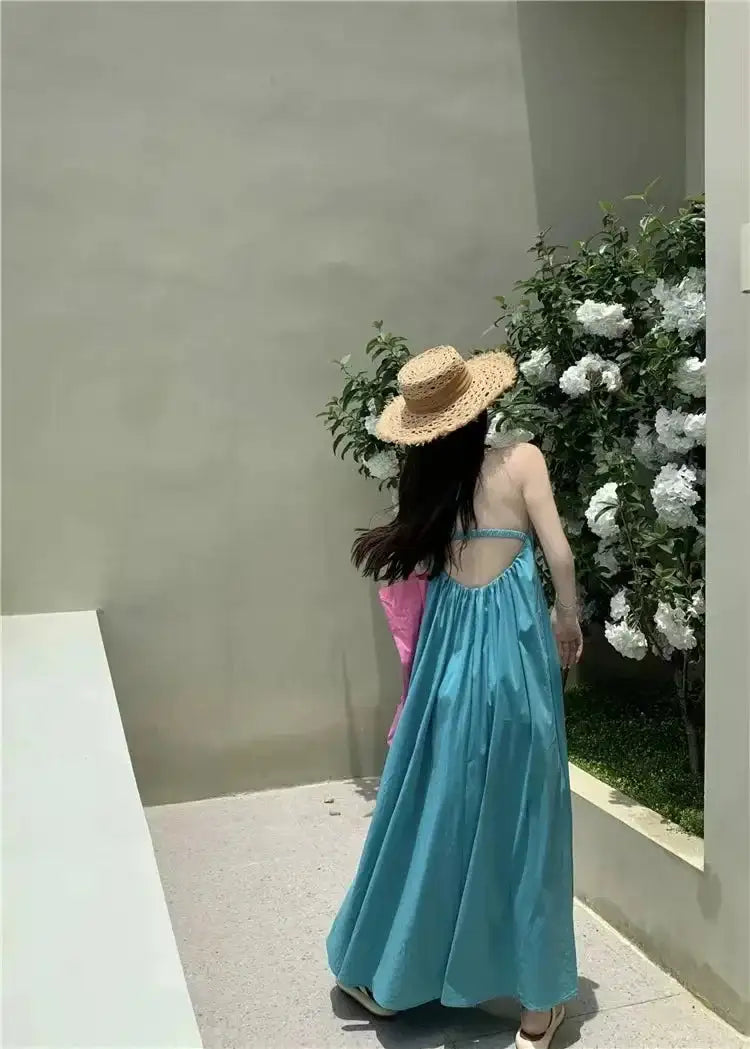 Summer Vacation Dress Thailand Style Open-back Halter Neck Age-reducing Photography Beach Long Dress Belted