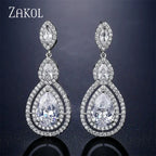 ZAKOL Luxury Water Drop Cubic Zircon Long Dangle Earrings for Women Bridal Wedding Jewelry Dress EP2114
