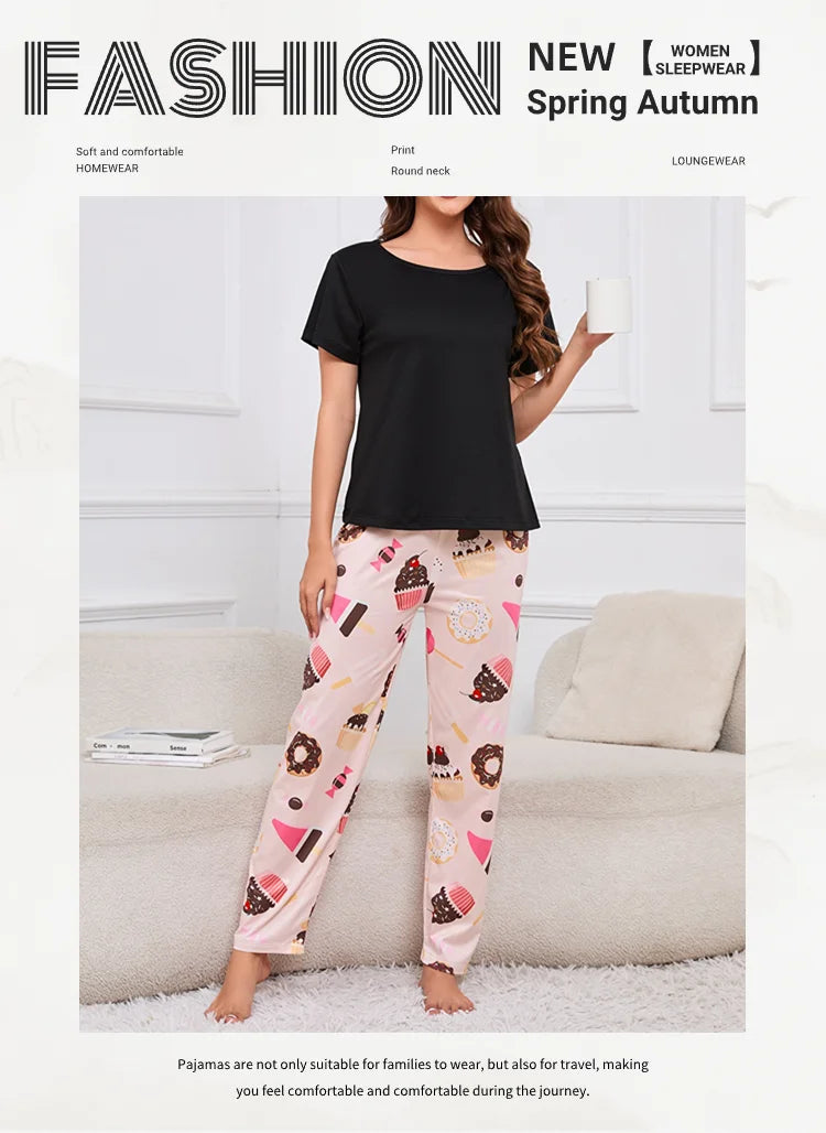 Women's Sleepwear Cozy Heart Print Relaxed Fit Pajama Set Short Sleeve Tee Top & Pants Nightwear 2 Piece Pyjama for All Seasons Lootquake LLC