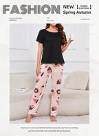Women's Sleepwear Cozy Heart Print Relaxed Fit Pajama Set Short Sleeve Tee Top & Pants Nightwear 2 Piece Pyjama for All Seasons Lootquake LLC