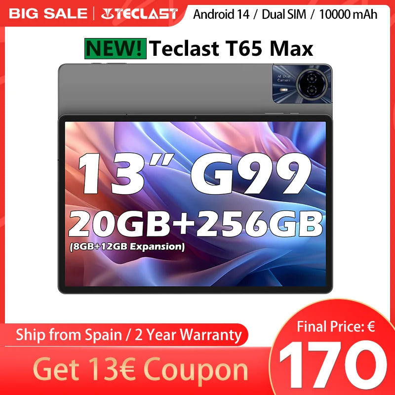 Teclast T65 Max 13 Inch Android 14 Tablet 8 Core Mediatek Helio G99 (8Gb+12Gb Expansion) Max. 20Gb Ram 256Gb Rom 10000Mah Battery Dual Sim 4g Lte 1920X1200 Gps Widevine L1 for Netflix Lootquake LLC