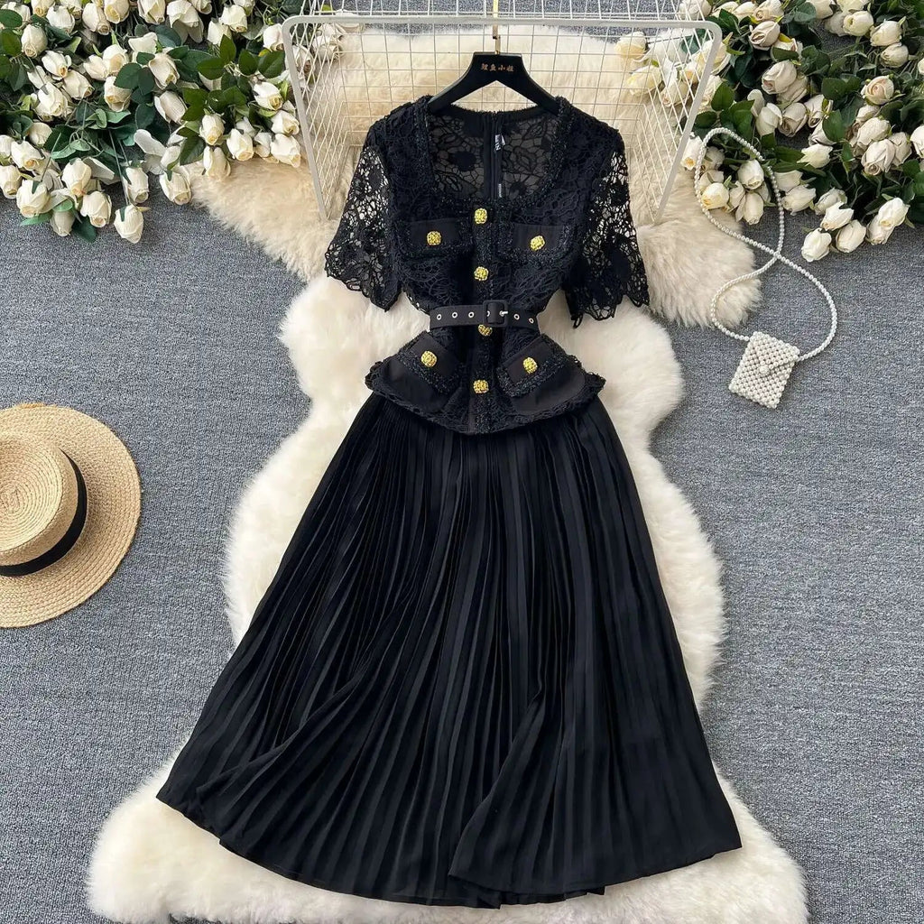 Designer 2025 Summer Pleated Chiffon Lace Long Dress Women Flower Embroidery Gold Button Belt Evening Party Dresses Wedding Robe Lootquake LLC