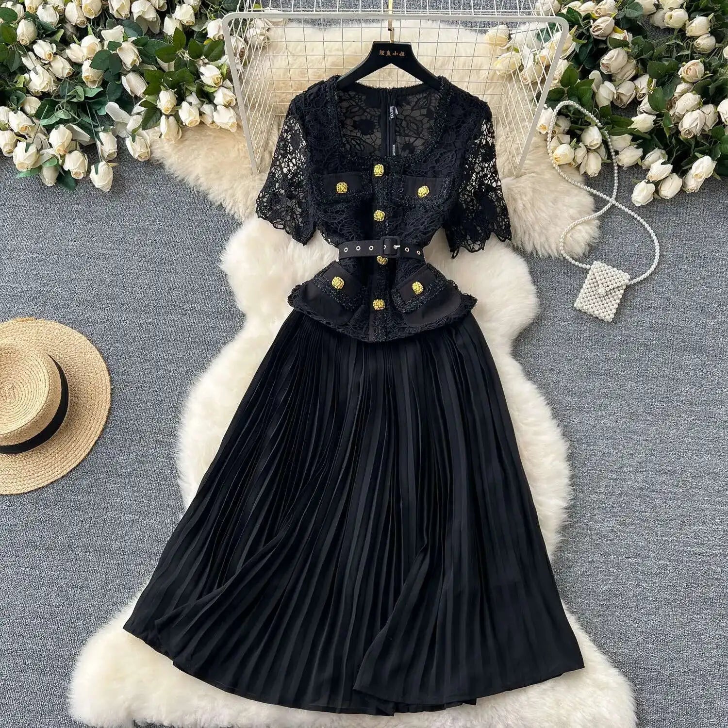 Designer 2025 Summer Pleated Chiffon Lace Long Dress Women Flower Embroidery Gold Button Belt Evening Party Dresses Wedding Robe Lootquake LLC