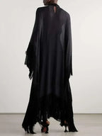 Yeezzi 2025 New Spring Fashion See-Through Tassel Party Dresses Women Batwing Sleeves Solid Color High-Neck Two Piece Set Dress