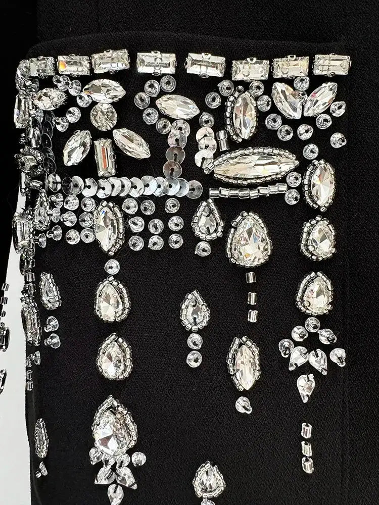 HIGH STREET Newest 2025 Designer Fashion Women's Long Sleeve Notched Collar Rhinestone Diamonds Beading Maxi Long Dress