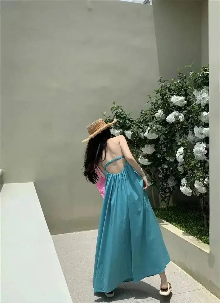 Summer Vacation Dress Thailand Style Open-back Halter Neck Age-reducing Photography Beach Long Dress Belted